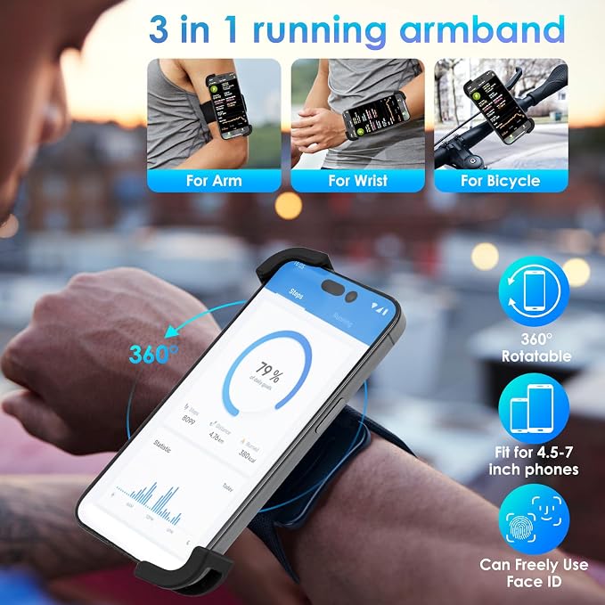 Cikyner Running Armband with Suction Cup, 3 in 1 Phone Holder Sports Armband Bicycle Phone Holder 360° Rotatable & Detachable Running Phone Armband for 4.5-7'' iPhone for Gym Hiking