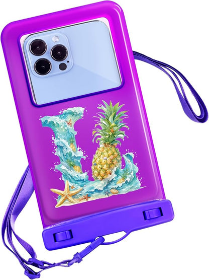 Personalized Initial Waterproof Phone Pouch Case - IPX8 Cellphone Dry Bag with Lanyard for iPhone 16/15/14/13/12 Pro Max (6.1–6.9"), Beach & Cruise Ship Essentials with Monogrammed Design (Purple, L)