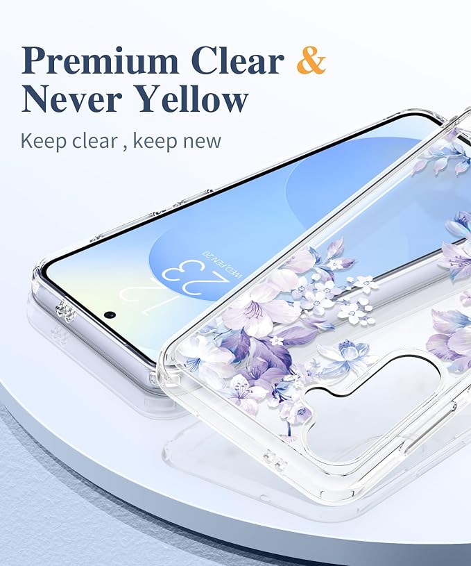 GVIEWIN for Samsung Galaxy S25 Plus Case, Clear Floral Slim Shockproof Protective Women Phone Case, Non-Yellowing, with Screen Protector & Camera Lens Protector for S25 Plus 6.7", Foliolosa/Blue