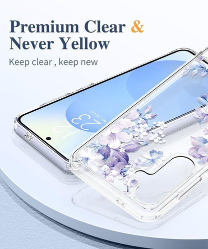 GVIEWIN for Samsung Galaxy S25 Plus Case, Clear Floral Slim Shockproof Protective Women Phone Case, Non-Yellowing, with Screen Protector & Camera Lens Protector for S25 Plus 6.7", Foliolosa/Blue