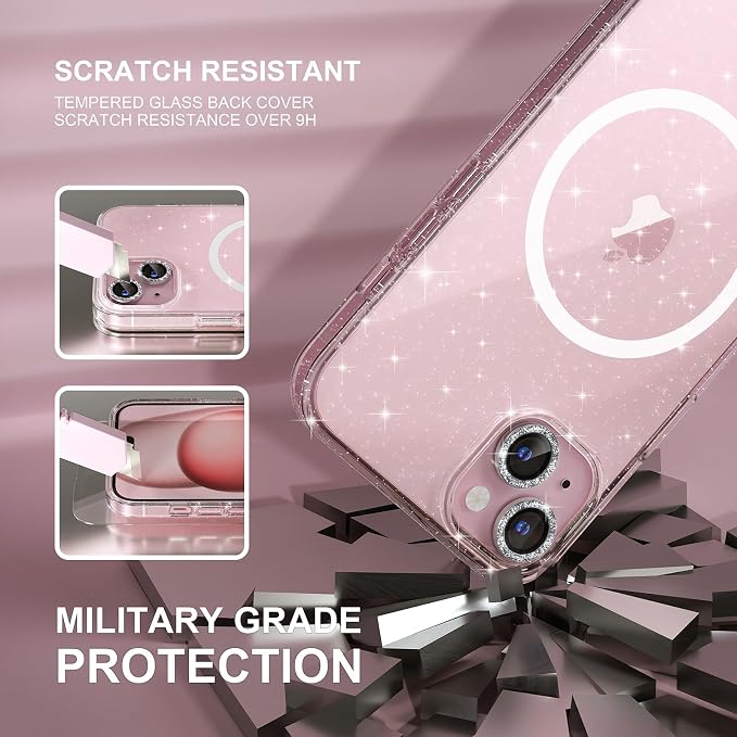 Choiche Compatible for iPhone 15 Case Magnetic, Women Clear Glitter Bling Sparkly Case, [2xDiamond Camera Lens Protectors] [2xTempered Glass Screen Protectors] [Compatible MagSafe] (Glitter Clear)