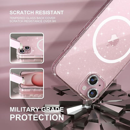 Choiche Compatible for iPhone 15 Plus Case Magnetic, Women Clear Glitter Sparkly Case, [2xDiamond Camera Lens Protectors] [2xTempered Glass Screen Protectors] [Compatible MagSafe] (Glitter Clear)