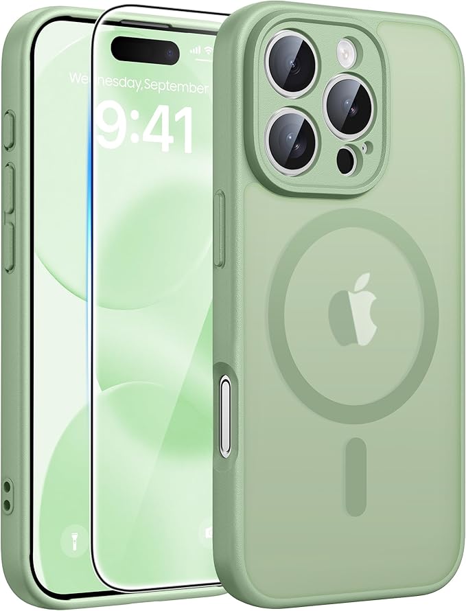 FNTCASE for iPhone 16 Pro Max Case: [Compatible with Magsafe] Translucent Matte Cases with [Full Camera Protection] [Screen Protector] Military Grade Shockproof Protective Phone Cover - Light Moss