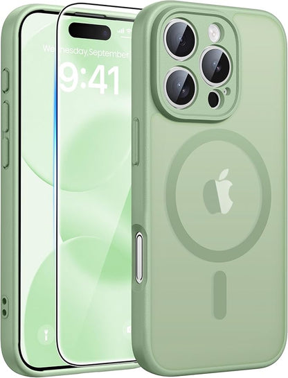 FNTCASE for iPhone 16 Pro Max Case: [Compatible with Magsafe] Translucent Matte Cases with [Full Camera Protection] [Screen Protector] Military Grade Shockproof Protective Phone Cover - Light Moss