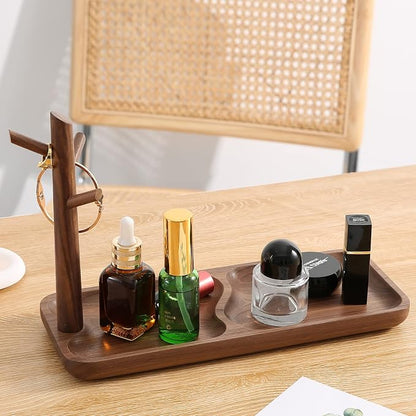 Walnut Wood Key Tray for Entryway Table, Jewelry Tray, Catchall Tray with 3 Stand Hanging Organizer, for Rings, Phone, Bracelets Watches
