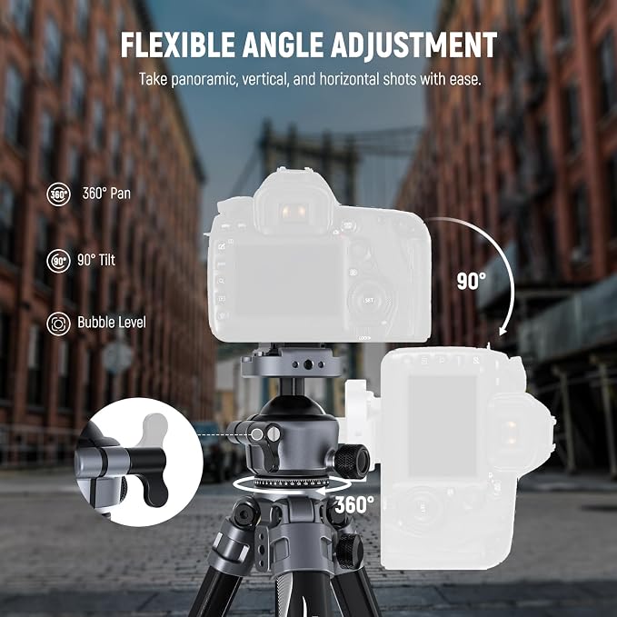 NEEWER LITETRIP LT07 61" Aluminum Travel Tripod Stand for Camera with Pan Tilt Low Profile Ball Head, Arca QR Plate Compatible with PD, Dual Center Axis, Max Load 22lb