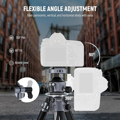 NEEWER LITETRIP LT07 61" Aluminum Travel Tripod Stand for Camera with Pan Tilt Low Profile Ball Head, Arca QR Plate Compatible with PD, Dual Center Axis, Max Load 22lb