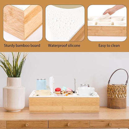 Yerliker Couch Cup Holder Tray, Silicone Lining Couch Caddy Waterproof Anti-spill Sofa Cup Holder for Bed Car Seat Organizer, Hold Mugs, Drinks, Snacks, Phones, Remotes(Rectangle,White,Bamboo)