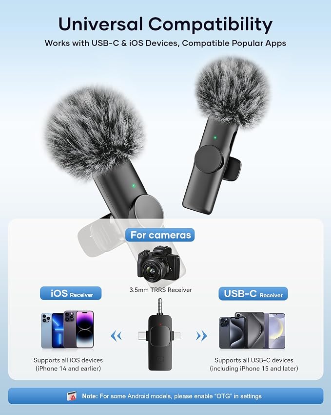 Wireless Microphone for iPhone iPad Android Phone and Camera, 2 Pack Wireless Lavalier Lapel Mic with Noise Reduction, 3 in 1 Mini Microphone for Video Recording Interview Podcast YouTube TikTok Vlog