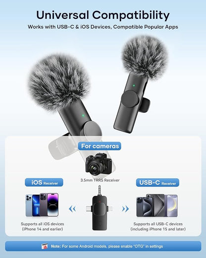 Wireless Microphone for iPhone iPad Android Phone and Camera, 2 Pack Wireless Lavalier Lapel Mic with Noise Reduction, 3 in 1 Mini Microphone for Video Recording Interview Podcast YouTube TikTok Vlog