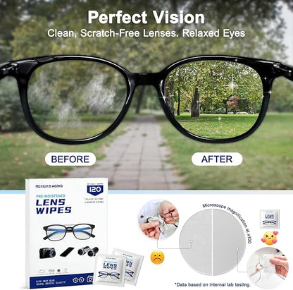 Third-Generation Lens Wipes, 120 Count, Individually Wrapped Pre-Moistened Cleaning Wipes for Eye Glasses, Camera Lens Cleaner, Streak-Free Scratch-Free Screen Cleaning for Phone, Sunglasses, Laptop