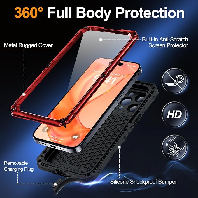 Mitywah Waterproof Case for iPhone 15 Pro, Heavy Duty Shockproof Case with Built-in Screen Protector, Full Body Underwater Protective Metal Case 6.1 inch, Red