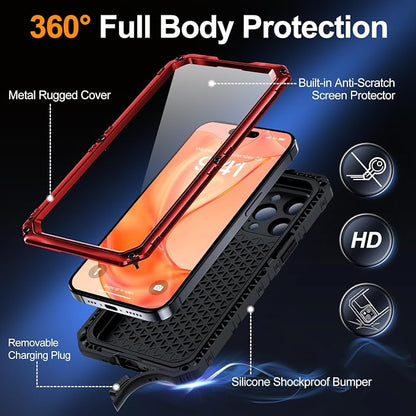 Mitywah Waterproof Case for iPhone 15 Pro, Heavy Duty Shockproof Case with Built-in Screen Protector, Full Body Underwater Protective Metal Case 6.1 inch, Red