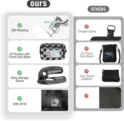 Clip and Go Strap for Phone with Wallet Crossbody Phone Lanyard and Detachable Checkered Bag with ID Window and RFID Pouch for Daily Travel.