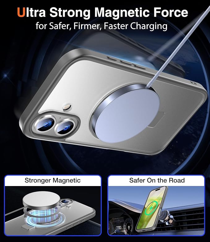 Chicfun 3-in-1 [Magnetic+Kickstand+Ring Holder] for iPhone 16 Plus Case with Stand Ring Holder， Compatible with MagSafe, Military Shockproof Kickstand Phone Case iPhone 16 Plus Cover Grey