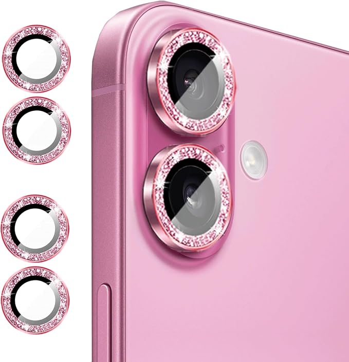 Compatible for iPhone 15/iPhone 15 Plus Camera Lens Protector Bling, Cute Sparkle Glitter Luxury Camera Cover for Women, Anti-Scratch, Easy Install, (2 Sets=4Pack), Pink