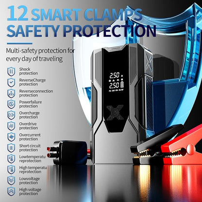 Emergency Portable Jump Starter with Air Compressor - 3000A 150PSI for Cars, Trucks & SUVs up to 9L Gas/7L Diesel, 12000mAh Portable Power Bank, -20°F Cold Start (Grey)