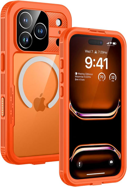 Lanhiem Magnetic for iPhone 17 Pro Max Case, IP68 Waterproof, Dustproof, Compatible with Magsafe, Built-in Screen Protector, Full Body, Heavy Duty, Rugged Phone Cover, 6.9 inch, Cosmic Orange