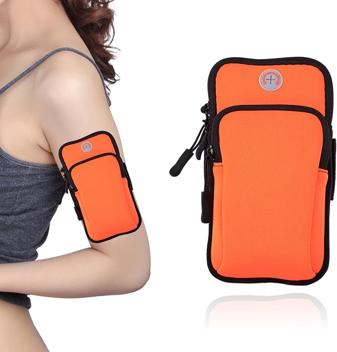 Running Armband, Adjustable Sports Band for Jogging, iPhone Workout Armband, Cell Pouch for Exercise Men Women (Orange)