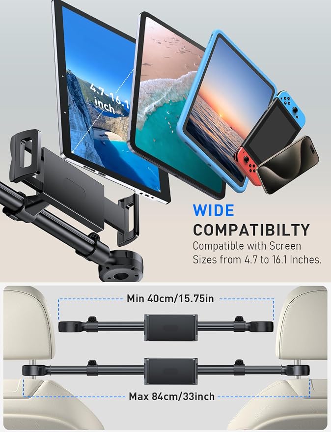 Tryone Car Headrest Tablet Holder for iPad: [Front & Rear Flip Mount] Adjustable Back Seat Tablet TV Portable Screen Holder, Car Road Trip Essentials for Kids Compatible with 4.7-16.1" Devices