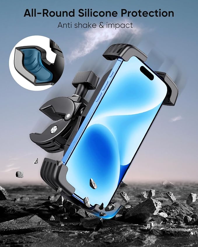 Bike Phone Holder, Motorcycle Phone Mount, [Anti Vibration] Bicycle Cell Phone Holder Handlebar, Ebike Electric Scooter ATV Phone Clip Clamp for iPhone, Pro, Max, Air, Samsung and 4.7-7" Smartphones