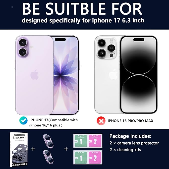 2 Pack Camera Lens Protector for iPhone 17,Metal AR Tempered Glass Rear Camera Screen Cover,Anti-Scratch,Strong Adsorption,Case Friendly, Easy to Install-Light Purple