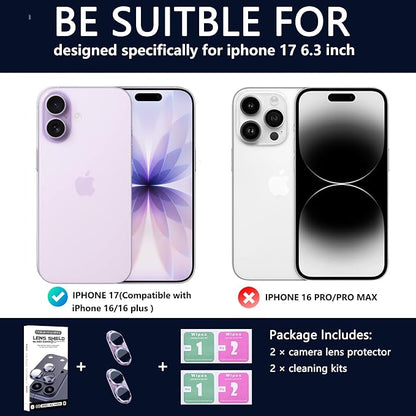 2 Pack Camera Lens Protector for iPhone 17,Metal AR Tempered Glass Rear Camera Screen Cover,Anti-Scratch,Strong Adsorption,Case Friendly, Easy to Install-Light Purple