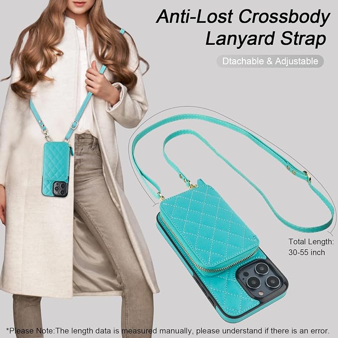 Bocasal Crossbody Wallet Case for iPhone 14 Pro Max, RFID Blocking PU Leather Zipper Handbag Purse Flip Cover, Kickstand Folio Case with Card Slots Holder Wrist Strap Lanyard 5G 6.7 Inch (Mint Green)