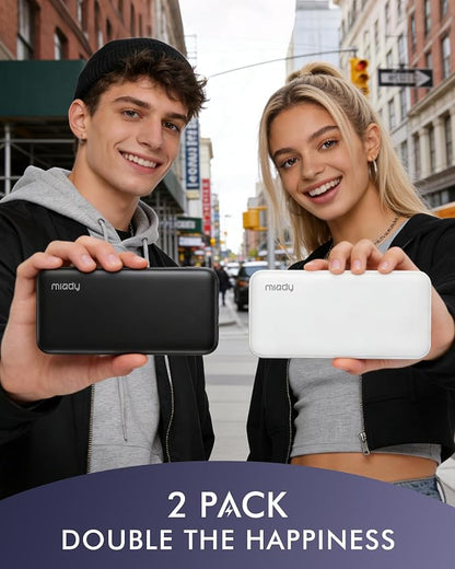 Miady 2-Pack Portable Charger, Slim 10000mAh Power Bank Travel Battery Pack | Dual USB丨3 Outputs 2 Inputs丨for Backpack Travel Camping丨Slim丨Compatible with iPhone Android etc丨Flight-Safe丨37Wh丨Black+White