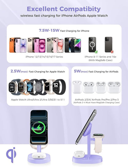 2026 3 in 1 Wireless Charging Station for Apple MagSafe Charger, 15W Fast Magnetic Mag-Safe Charger Stand for iPhone 17 16 15 14 13 12 Apple Watch AirPods Compatible with MagSafe, Purple