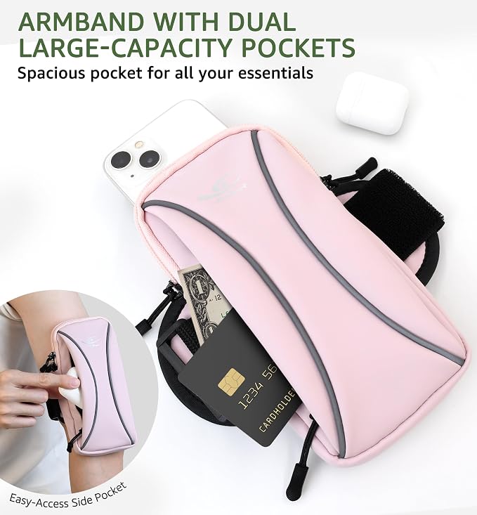 HiRui Arm Bag & Wrist Bag Phone Holder, Sports Running Armband for Gym, Cycling & Workout, Compatible with iPhone 17/16/15 Series, Samsung Galaxy & More, Reflective, Adjustable, Secure Fit (Pink)