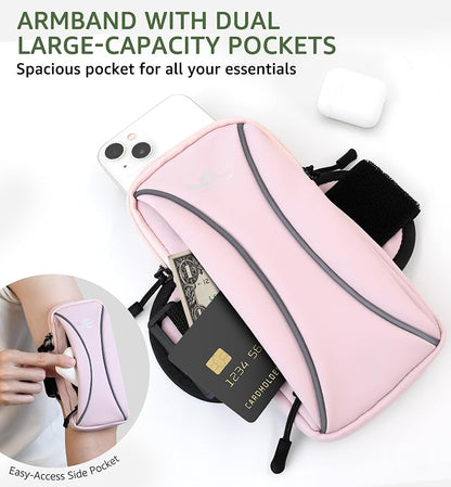HiRui Arm Bag & Wrist Bag Phone Holder, Sports Running Armband for Gym, Cycling & Workout, Compatible with iPhone 17/16/15 Series, Samsung Galaxy & More, Reflective, Adjustable, Secure Fit (Pink)
