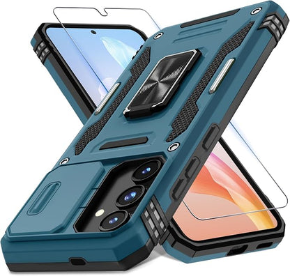 DEERLAMN Case for Samsung Galaxy S25 FE 6.7-Inch with Slide Camera Cover+Screen Protector(1 Pack), Rotated Ring Kickstand Military Grade Shockproof Protective Cover-Light Blue