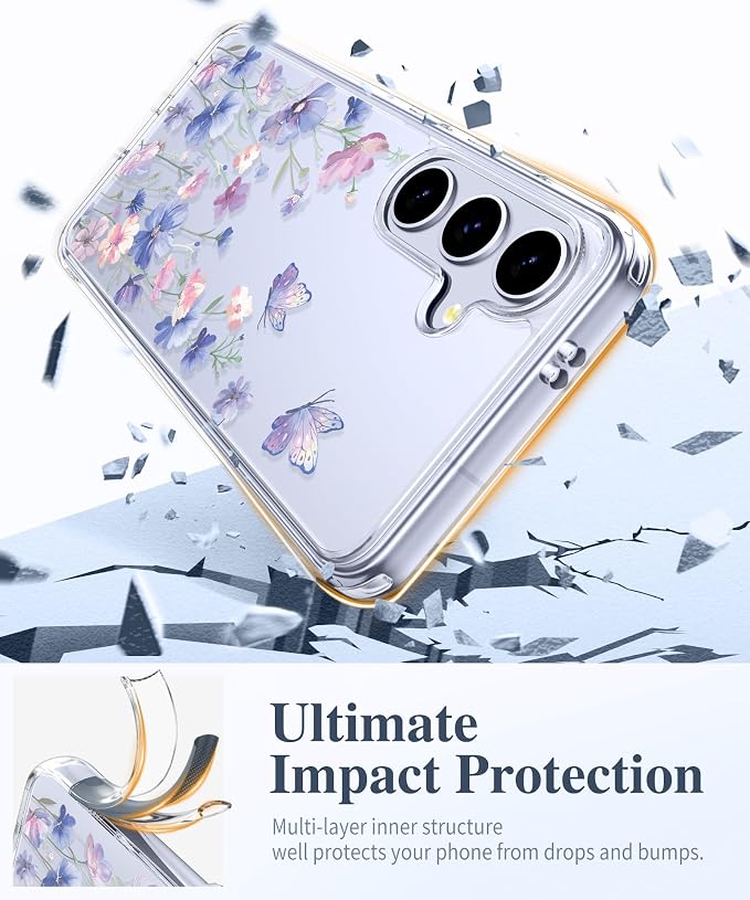 GVIEWIN for Samsung Galaxy S25 Plus Case, Clear Floral Slim Shockproof Protective Women Phone Case, Non-Yellowing, with Screen Protector & Camera Lens Protector for S25 Plus 6.7", Bloomwing/Blue