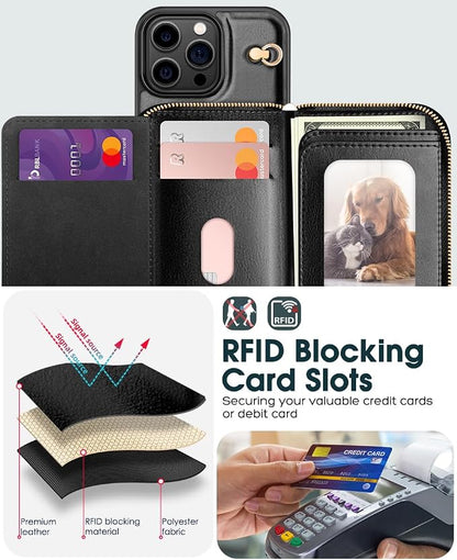 OCASE Compatible with iPhone 16 Pro Crossbody Wallet Case with Card Holder, PU Leather Zipper Handbag Phone Purse with RFID Blocking Kickstand Wrist Strap Lanyard 6.3 Inch, Black