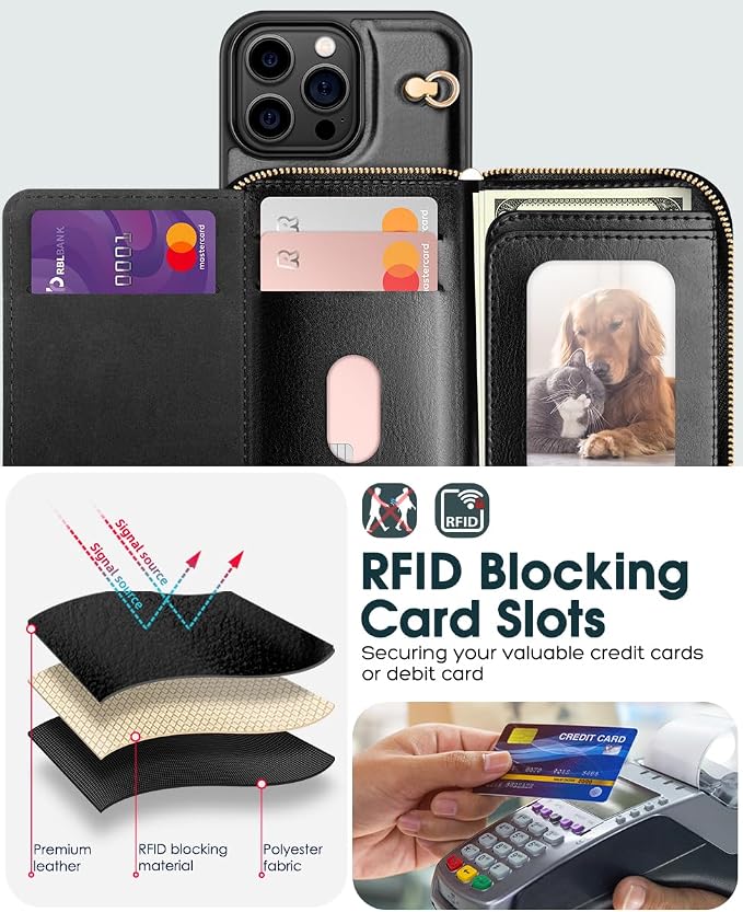 OCASE Compatible with iPhone 16 Pro Max Crossbody Wallet Case with Card Holder, PU Leather Zipper Handbag Phone Purse with RFID Blocking Kickstand Wrist Strap Lanyard 6.9 Inch, Black