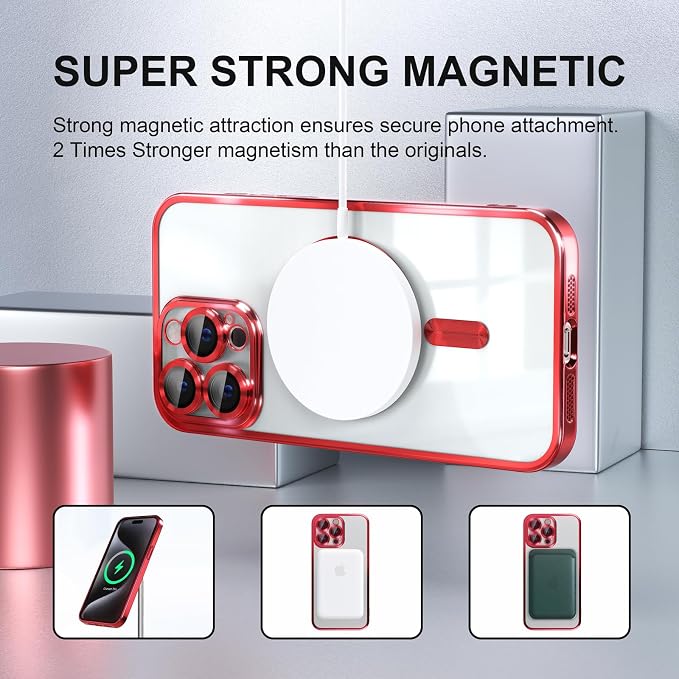 Misea Magnetic for iPhone 15 Pro Case Compatible with MagSafe [Never Yellowing] [Military Grade Drop Protection] Full Camera Lens Protector Plating Soft Clear Phone Case for Women Girls, Red