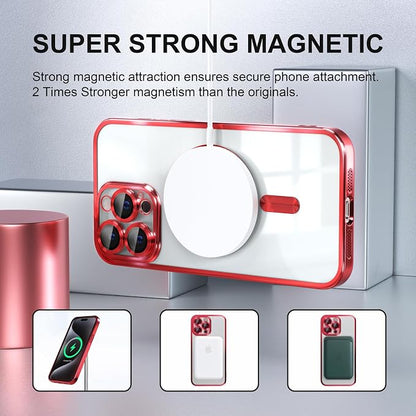 Misea Magnetic for iPhone 15 Pro Case Compatible with MagSafe [Never Yellowing] [Military Grade Drop Protection] Full Camera Lens Protector Plating Soft Clear Phone Case for Women Girls, Red