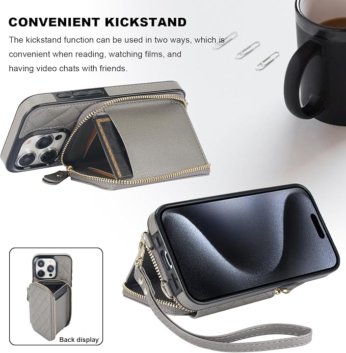 Bocasal Crossbody Wallet Case for iPhone 15 Pro, RFID Blocking PU Leather Zipper Handbag Purse Flip Cover, Kickstand Folio Case with Card Slots Holder Wrist Strap Lanyard 5G 6.1 Inch (Grey)