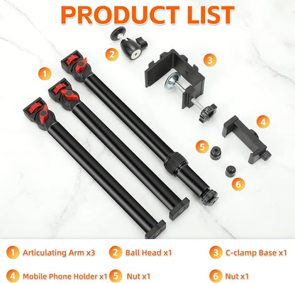 Taisioner Overhead Camera Mount Desk Stand 3-Section Articulated Arm with Heavy Duty C-Clamp 360° Ball Head 5LB Load Capacity Compatible with DSLR,Webcam,Lights,Microphone Live,YouTube,Online Courses