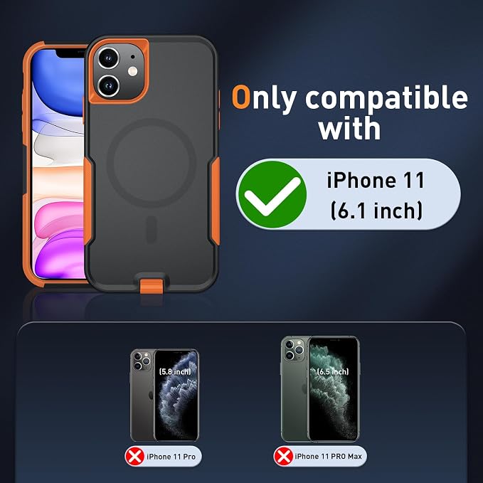 Xmon for iPhone 11 Magnetic Case [Compatible with MagSafe] Tempered Glass Screen Protector with Camera Lens Protector Phone Case Cover for Apple iPhone 11 (Magnetic Black/Orange)