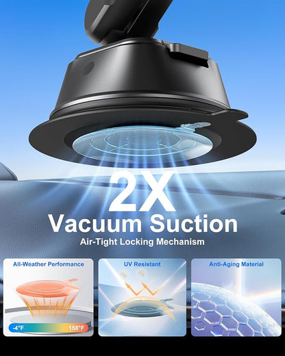 Magnetic Vacuum Suction Cup Phone Mount for Truck & Car, Heavy Duty Semi Truck Holder, 17x Strong Magnets, Adjustable Aluminum Arm Windshield Dashboard Window Mount for MagSafe iPhone 12–17 & Samsung