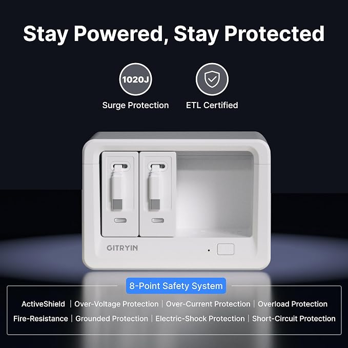 Gitryin 10-in-1 Desktop Charging Station with 2 Retractable Wall Chargers, 40W USB-C Power Strip with 6 AC, 2 USB C, 2 Type-C 33.5in Cables, Extension Cord with 1020J Surge Protection for Home Office