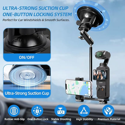 OmniMaster Suction Cup Mount for DJI Osmo Pocket 3, Action, GoPro, Insta360, Phones, Car Windshield Camera Holder DJI GoPro Insta360 Phone Accessories Selfie Lights, Microphones