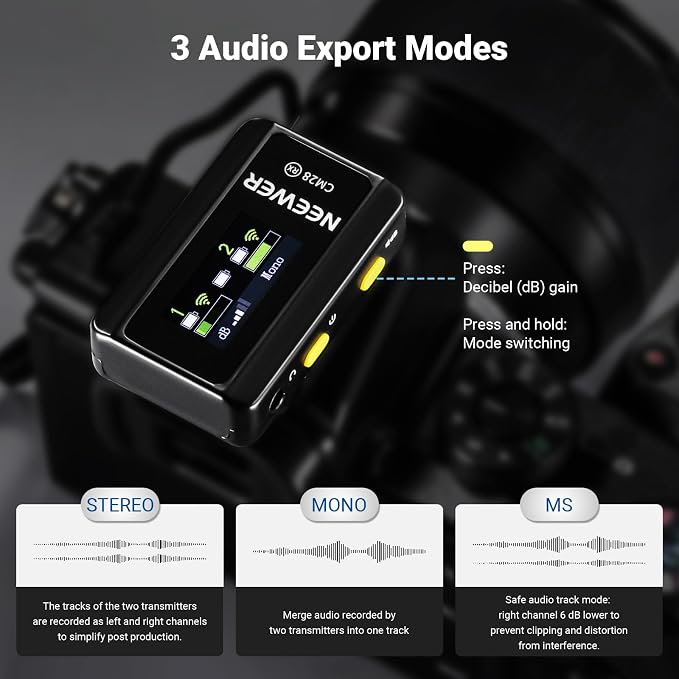 NEEWER CM28 (1 RX + 2 TX + Charging Case), Wireless Lavalier Microphone, Smart Noise Cancelling, 48KHz/16Bit 9 Hrs Uncompressed Recording, 656ft/200m Range, Lav Mic for iPhone, Android, Camera