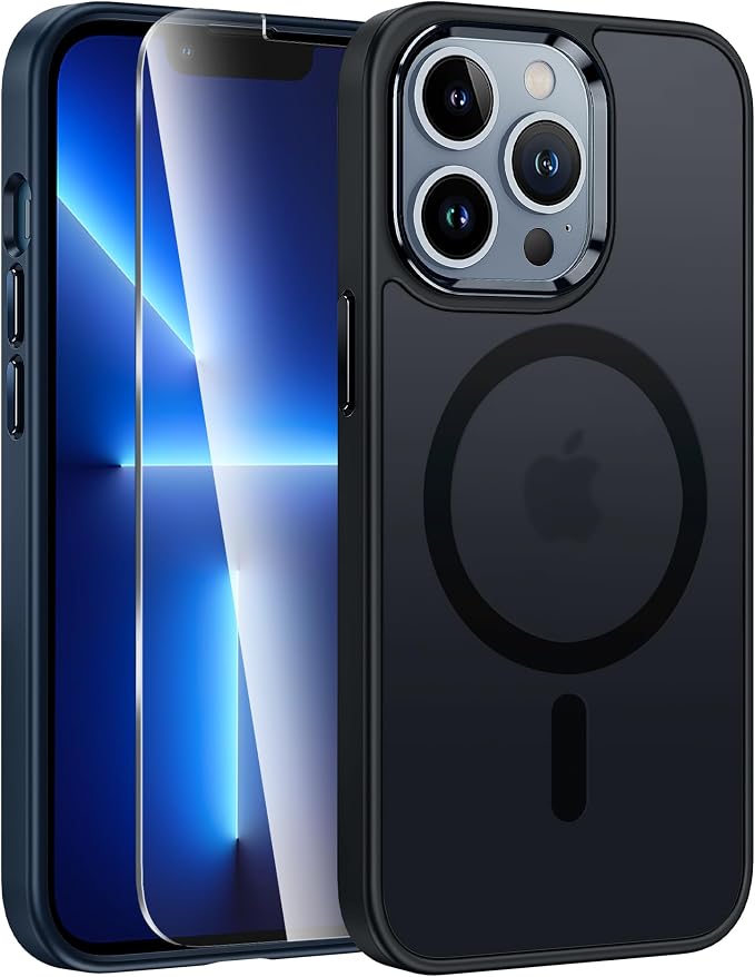 FNTCASE for iPhone 13 Pro Max Case: [Compatible with Magsafe] Translucent Matte Cases with [Screen Protector] Military Grade Shockproof Protective Phone Cover - Black