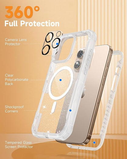 seacosmo Magnetic for iPhone 16 Pro Max Case for Women, Girly, Men, Full Body with Built-in Screen and Camera Lens Protector, Anti-Yellowing, Shockproof Cute Phone Case, 6.9", Clear Glitter