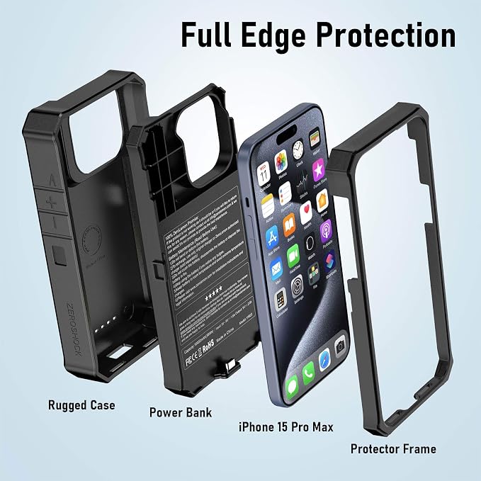 ZEROLEMON RuggedJuicer Battery Case for iPhone 15 Pro Max Black | 10000mAh, Battery Charger, 18W Fast Charging Power, Extended Battery Charger, with Rugged Cover