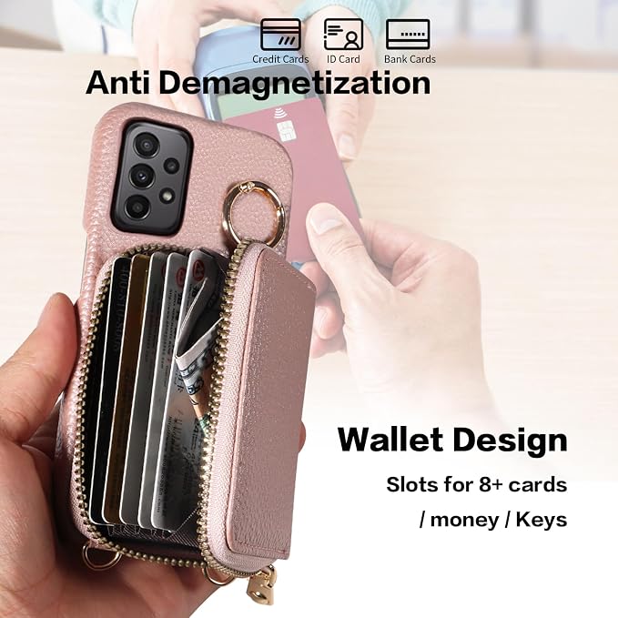 Wallet Case for Samsung Galaxy A32 5G 2021 6.5 inch with Shoulder Strap Ring Buckle Zipper Flip Organ Purse Credit Card Holder Stand Phone Cover for M32 G5 A 32 32A S32 SM-A326U A326U Rose Gold