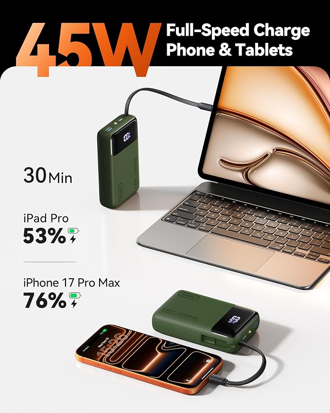 INIU 45W Portable Charger, Smallest 20000mAh Power Bank with Build in USB-C Cable, Fast Charging USB C in&Out Battery Pack, Travel Phone Charger for iPhone 17 16 15 Air Samsung S25 S24 Google, Green